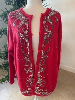 Red Sequined Embellished Women’s Cardigan Sweater